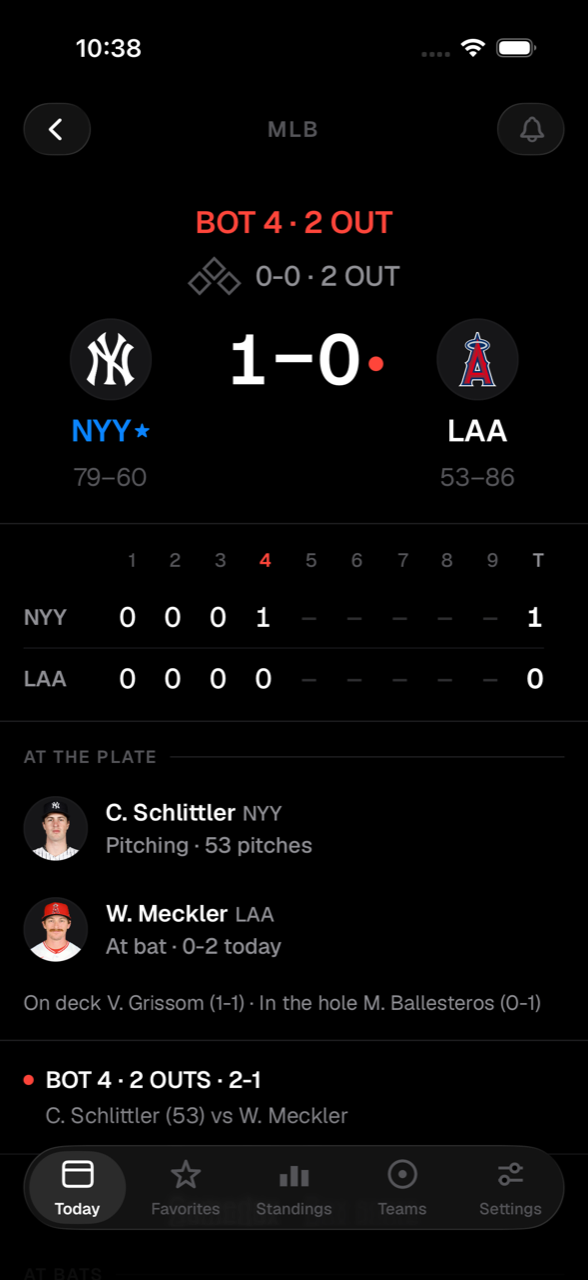 A live game with the line score and the pitcher, batter, and due-up hitters