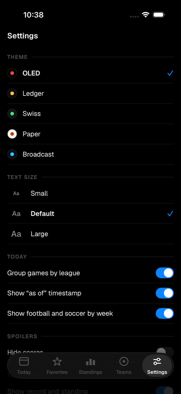 Settings with themes, text size, spoiler guard, and notification switches