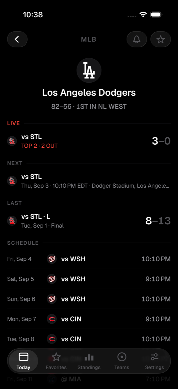A team screen with the game on now, the record, the next and last game, and the schedule