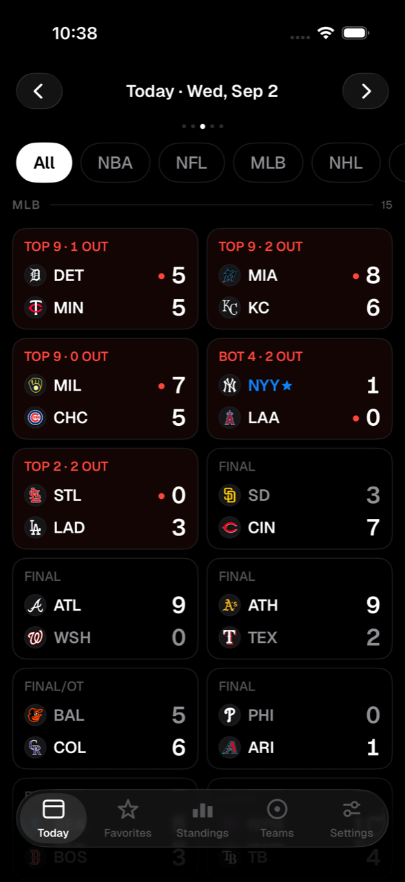 The Today screen, live MLB games grouped by league with clocks and scores